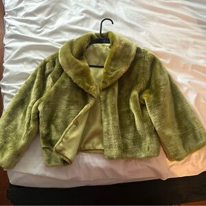 Faux Fur Mid Sleeve Jacket in Olive Green
